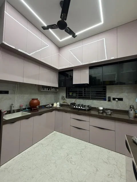 Lilac high gloss PVC modular kitchen in U shape with a lit ceiling frame - Shree Krushn PVC Furniture, Nikol, Ahmedabad