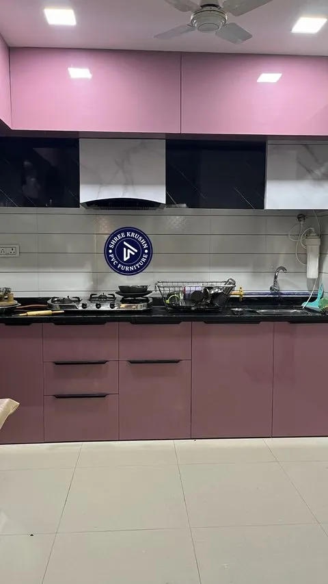Rose PVC modular kitchen with black and marble glass wall units - Shree Krushn PVC Furniture, Nikol, Ahmedabad