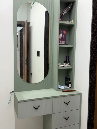 Sage green fluted PVC dressing table with oval mirror by Shree Krushn, Ahmedabad